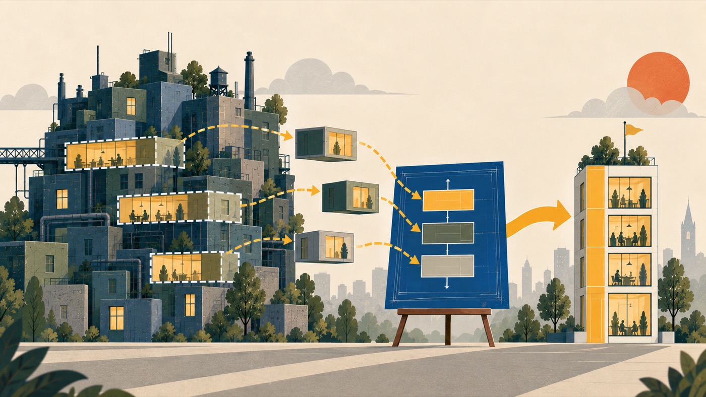 Illustration: Aus einem verwachsenen Gebäudekomplex werden einzelne Module herausgelöst, über eine Blaupause neu geordnet und zu einem klaren, modernen Gebäude zusammengesetzt